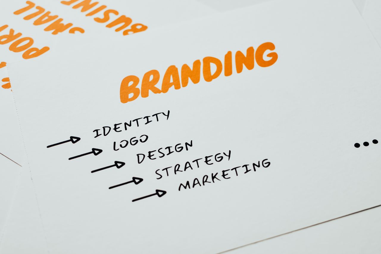 Services Close-up of a paper with branding, identity, design, strategy, and marketing concepts in orange and black.
