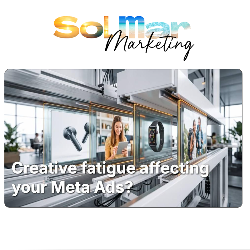 Feeling tired of creative fatigue affecting your Meta Ads? 😩 It is time for a revolution! Discover how 'The Modular Ad Revolution' can transform your social media marketing on Facebook and Instagram. Solmar Marketing logo above a graphic depicting digital ads on sleek displays, with the question: Creative fatigue affecting your Meta Ads?