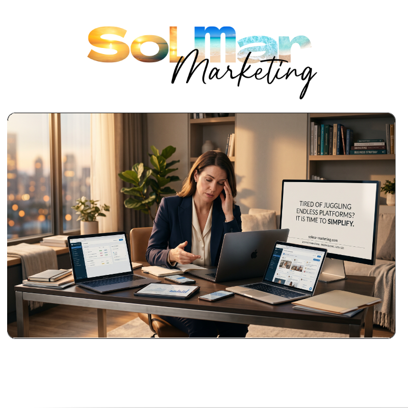 Tired of juggling endless platforms? It is time to simplify! An overwhelmed woman at a desk with multiple devices and a large screen displaying Tired of juggling endless platforms? It is time to simplify.